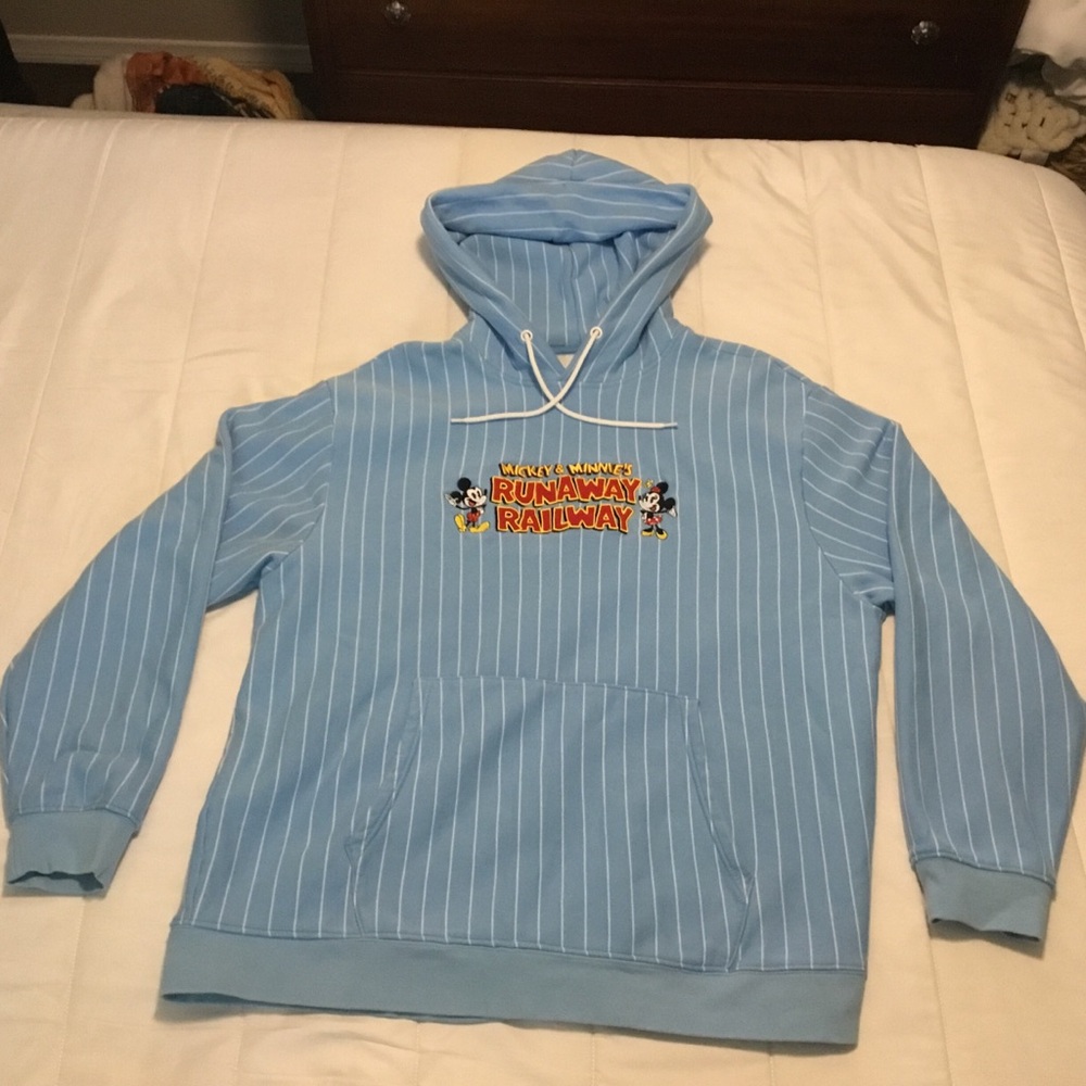 Disney Blue Hoodie Sweatshirt Mickey & Minnie’s Runaway Railway with Pinstripes!